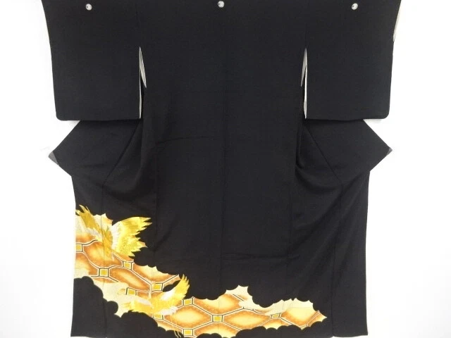 35567# Japanese Kimono / Antique Tomesode / Embroidery / Crane & Shokkomon