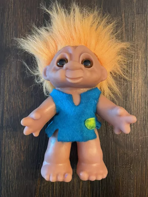 VTG Denmark Dam Norfin Troll Doll Orange Hair Blue Felt Tunic Brown Eyes 7” 1988