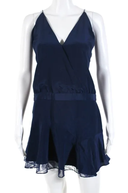 Michelle Mason Womens Silk V-Neck Spaghetti Strap Lace Hem Mini Dress Blue Size4