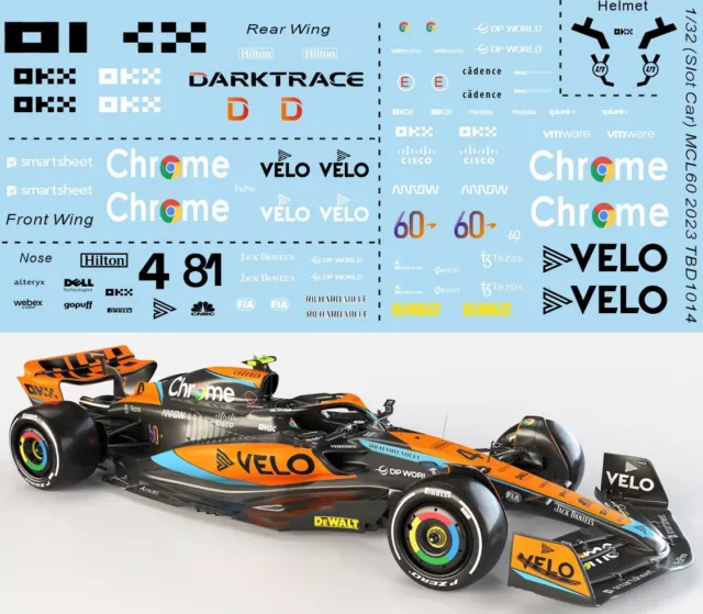 1/32  Decals for F1 Slot Car McLaren MCL60 2023 Decal TBD1014