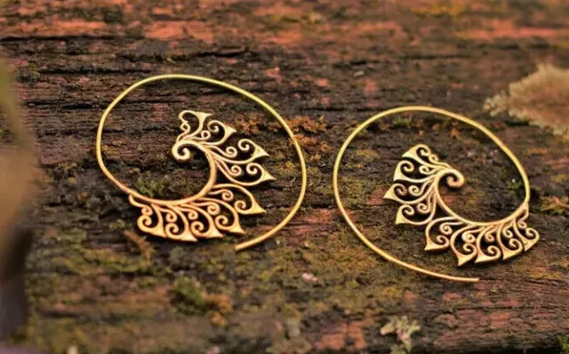 Tribal Celine Design Solid Brass Earrings Gold Plated Mandala Gypsy Spiral hoops