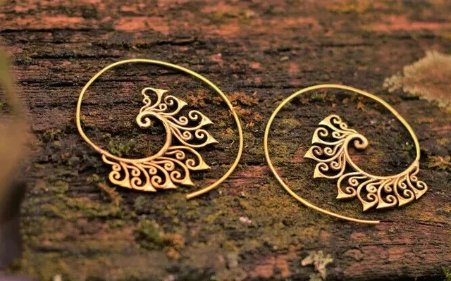 Tribal Celine Design Solid Brass Earrings Gold Plated Mandala Gypsy Spiral hoops