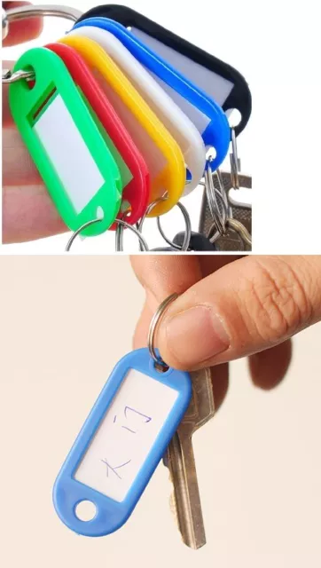 10x ASSORTED COLOUR HARD PLASTIC FOB RING IDENTIFIERS KEY ID TAGS + NAME CARD