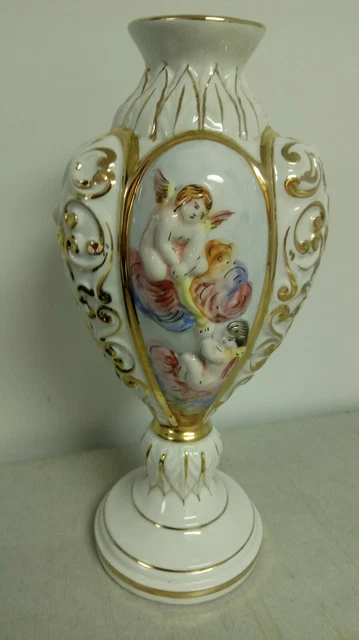 14 inch Vintage Keramos Capodimonte Italy Urn Vase with Raised Cherubs Paisley