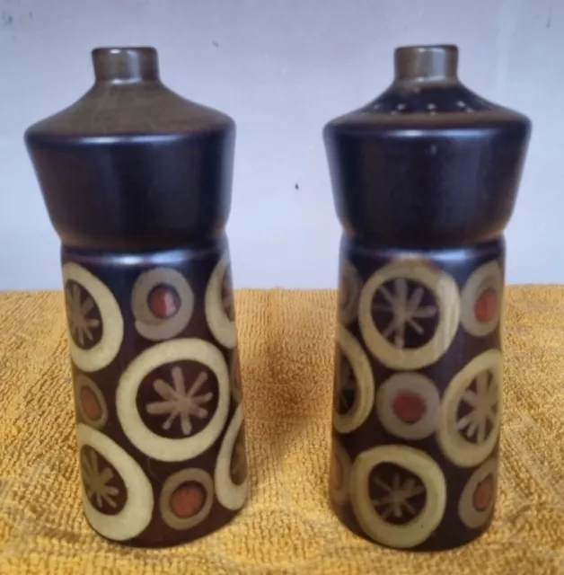 Denby Arabesque Salt & Pepper Shakers Pots 1970s Retro Brown Mix Pattern 14cm