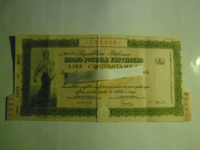 Buono Postale Fruttifero Da Cinquantamila Lire Emesso A Racale (Lecce) 1961