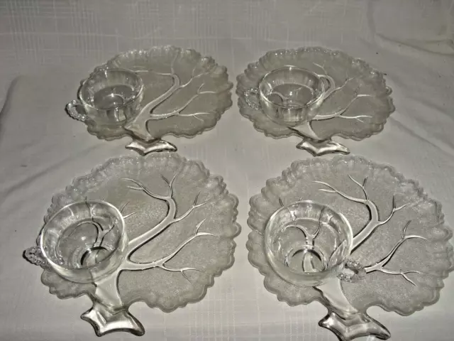 Vintage Tree of Life  Frosted Glass Luncheon Snack Plates and Cups ~ Set of 4