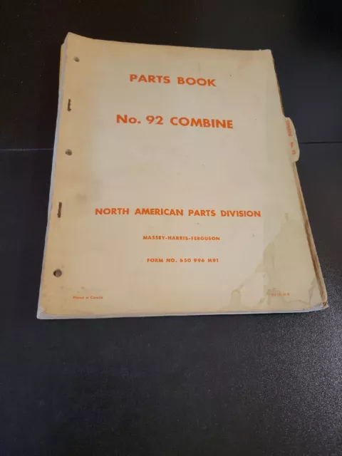 Massey Harris Ferguson No 92 Combine Parts Book Catalog Guide Manual