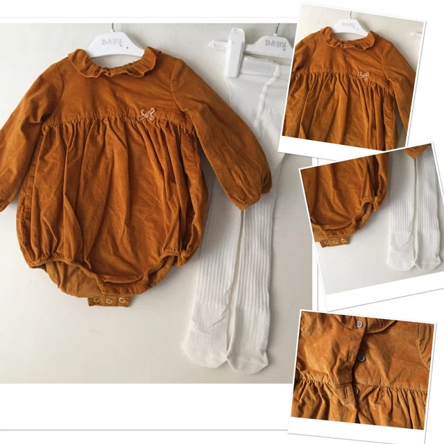 Nutmeg baby girls mustard cordrouy romper outfit exc u & new Matalan Tights 9-12