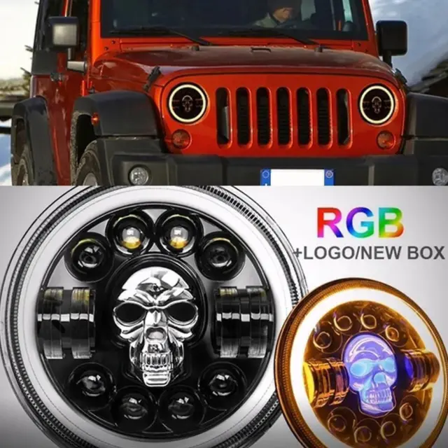 2x 7" inch Round RGB Skull LED Headlights Halo DRL For Jeep Wrangler JK LJ TJ CJ