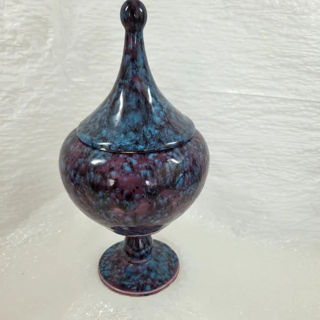 Vintage Art Pottery Pedestal Lidded Urn Dish Hand Crafted Fall Purple