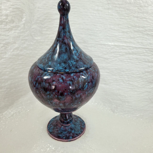 Vintage Art Pottery Pedestal Lidded Urn Dish Hand Crafted Fall Purple
