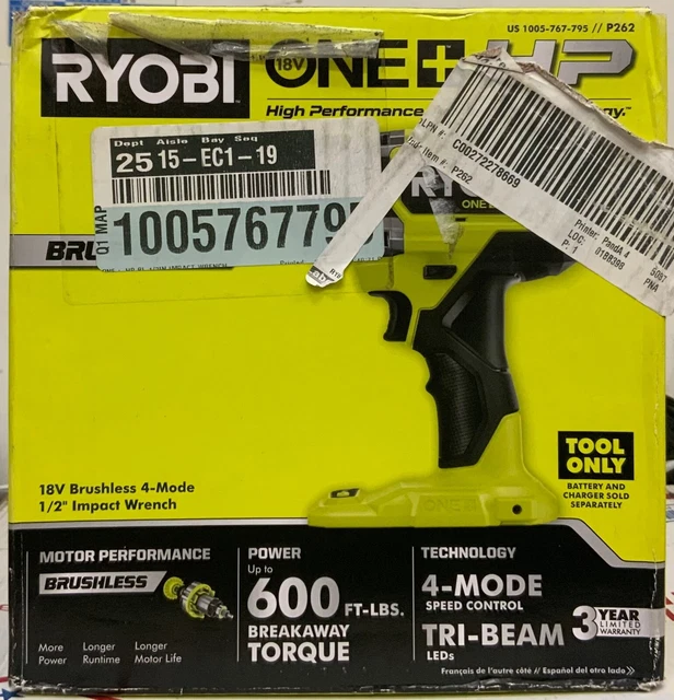 RYOBI IMPACT WRENCH 1/2 in. 18V Brushless Cordless 2800 RPM 4Mode