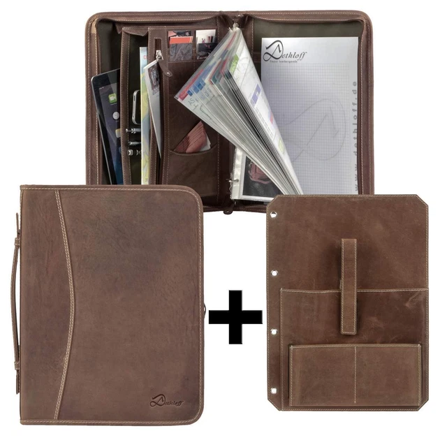 Leder Ringbuchmappe A4 braun Konferenzmappe Schreibmappe + Tablet-Einleger