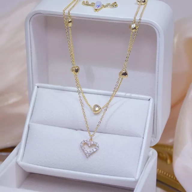 Chic Gold Plated Double Layer Zircon Heart Pendant Necklace Women Clavicle Chain