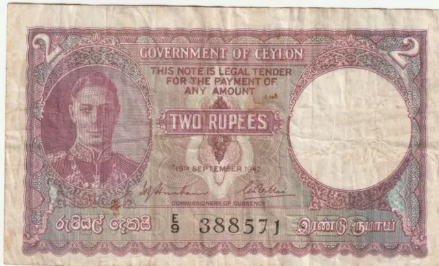 Ceylon King George VI  1942    2 Rupee Banknote in good condition. - Rare