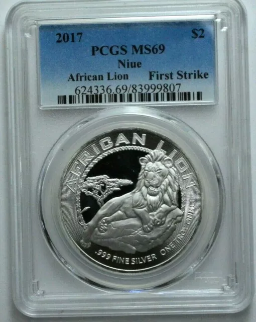 2017 $2 PCGS MS69 Silver Niue African Lion First Strike 1 Oz .999 Silver Round !
