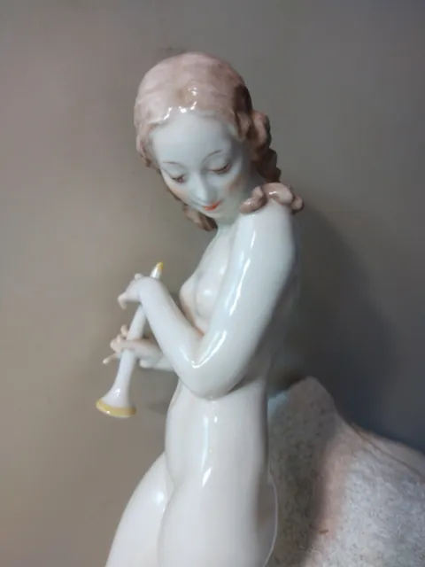 Finest Vtg Art Deco Hutschenreuter German Porcelain Figurine Forest Nude w Bird 3