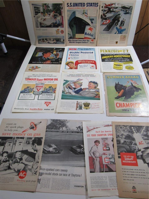 OLD ORIGINAL VINTAGE ANTIQUE~ MIXED CAR GASOLINE & OIL SPARKPLUGS ~PRINT ADs LOT