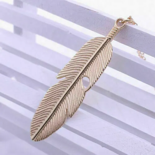 Women Feather Pendant Long Chain Necklace Sweater Statement Vintage Jewelry
