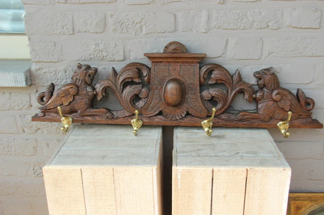 Antique French oak wood carved lions castle pediment coat rack wall 2