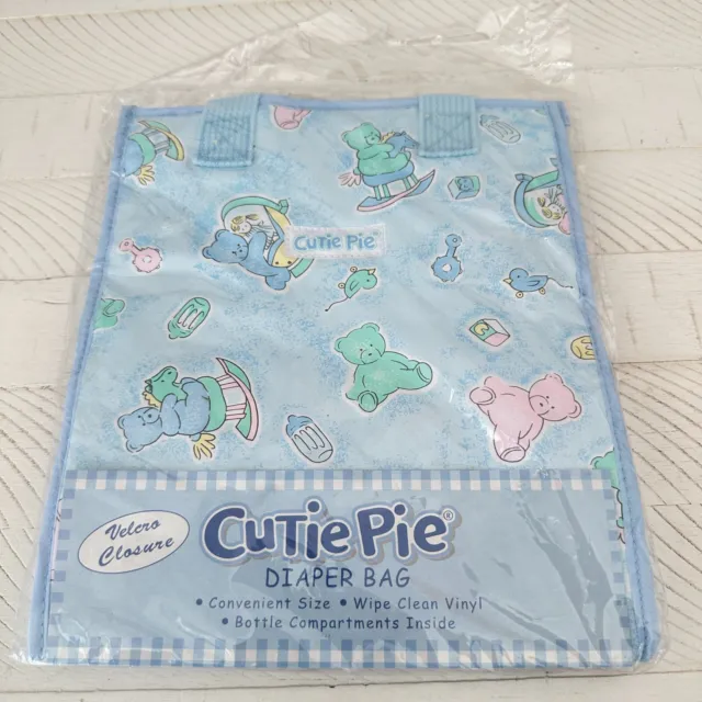 Sealed VTG Cutie Pie Baby Diaper Bag Blue Teddy Bears Vinyl Bottle Compartments