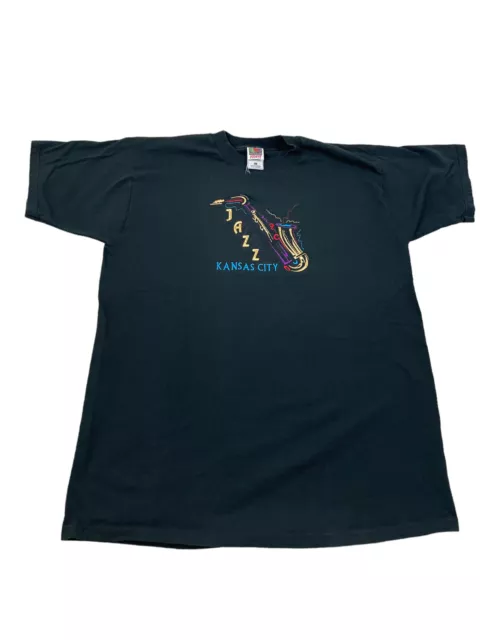 VINTAGE Kansas City Jazz T-shirt Black Embroidered Spellout Saxophone XL