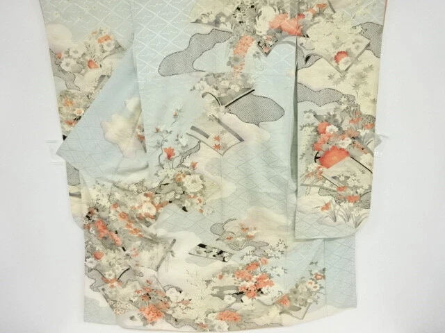 39659# Japanese Kimono / Antique Furisode / Kiku & Peony With Books Pattern