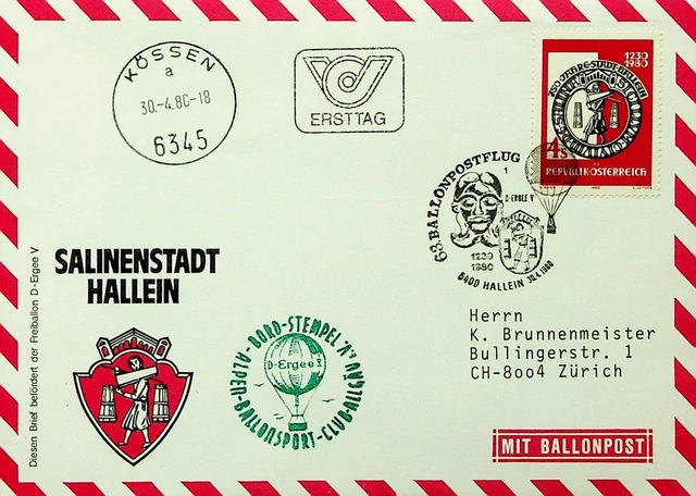 SEPHIL AUSTRIA 1980 PRO JUVENTUTE HALLEIN BALLOON POST 4s COVER TO SWITZERLAND