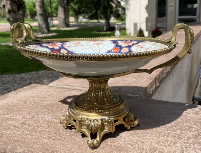 Antique Japanese Meiji Imari Ormolu Mounted Porcelain Centerpiece Bowl