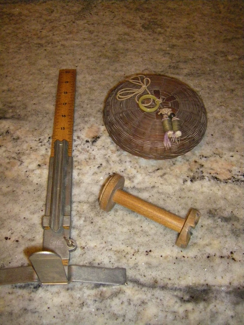 Box Lot - Vintage Sewing Basket, Pin-it 20" Shirt Marker, and Spindle