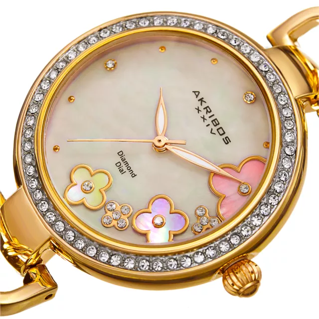 Women's Akribos XXIV AK874YG Mother of Pearl Flower Design Dial Chain Link Watch 2