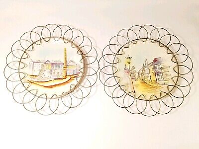 Vintage 50s Lot - Two Thames Hand Painted Plates w Ornate Goldtone Wire Holders
