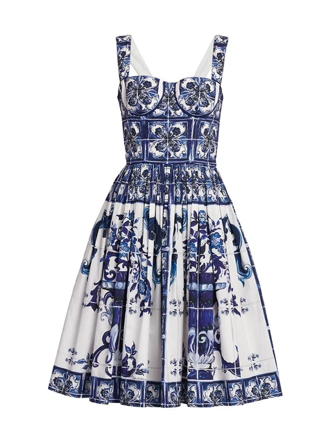Dolce & Gabbana Bustier Midi Dress In Majolica-Print Poplin, Size 36 Dolce & Gabbana Bustier Midi Dress In Majolica-Print Poplin, Size 36
