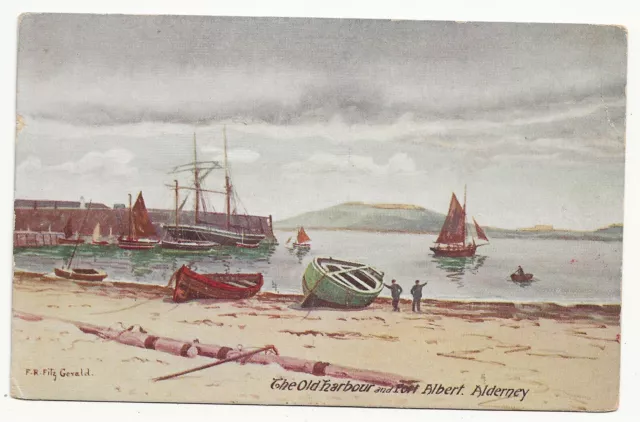 Postcard Artist F R Fitzgerald - The Harbour & Port Alderney Channel Islands