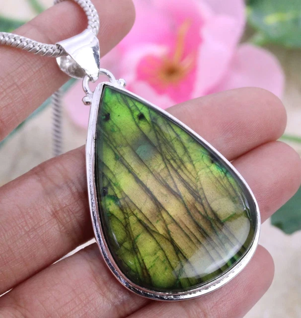 Color Enhanced Green Labradorite 925 Sterling Silver Loop Handmade Pendant 55 mm