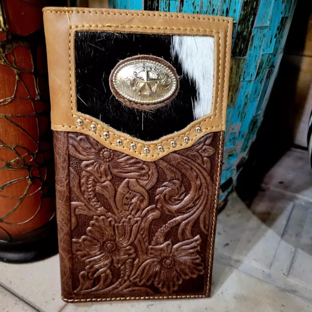 Star Western wallet genuine leather  cow hair hand tooled  floral Bifold