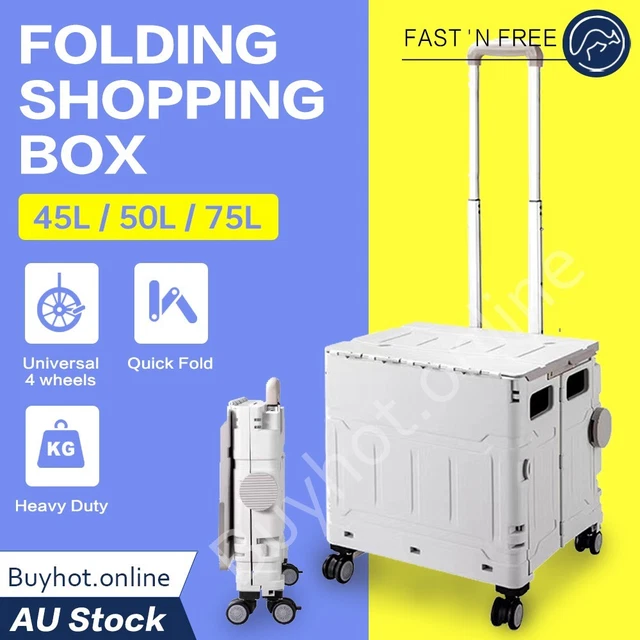 Folding Shopping Cart Trolley Crate Grocery Storage Rolling Wheels 45L 50L 75L