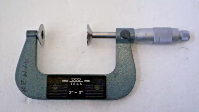 TESA 2" to 3" Carbide Anvil Outside Micrometer Swiss Made 0.0001" with 1" ends