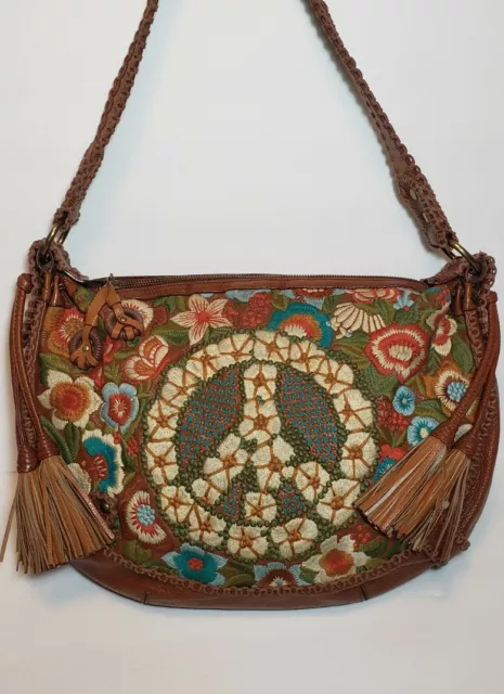 Isabella Fiore Peace Sign Foral Butterfly Embroidery Tassels Leather Shoulderbag