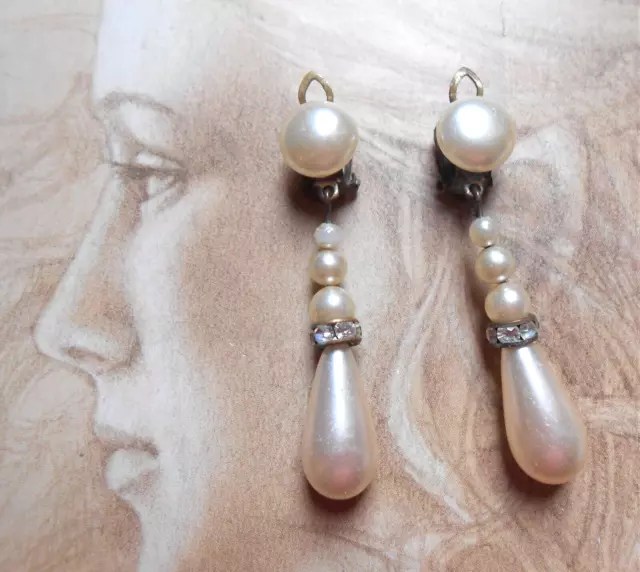 Boucles d'oreilles clips anciennes Art Deco 1930 perles strass