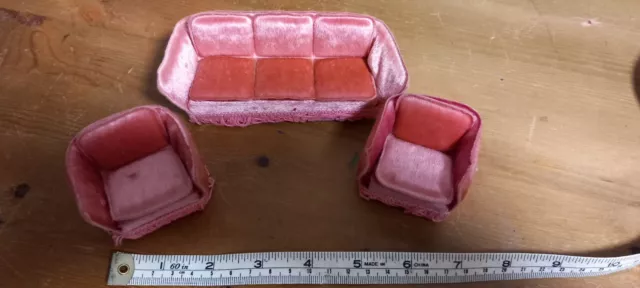 Vintage Old pink Dolls House Sofa & Chairs lundby ? Retro Miniture 3 Piece Suite