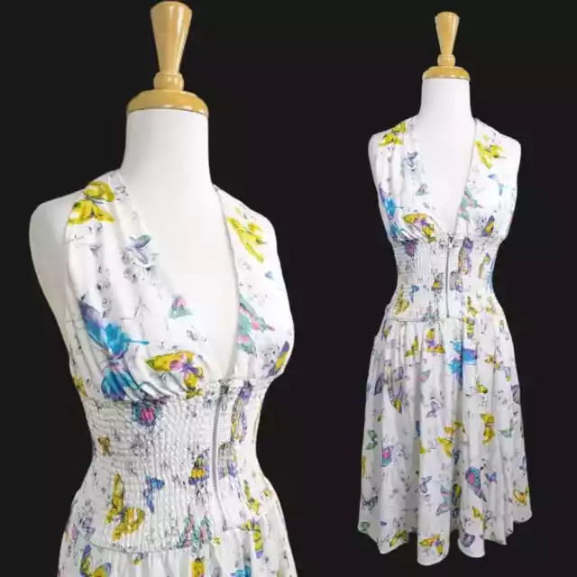 Betsey Johnson Butterfly Print Halter Dress Medium Pockets Smocked Zipper Pinup