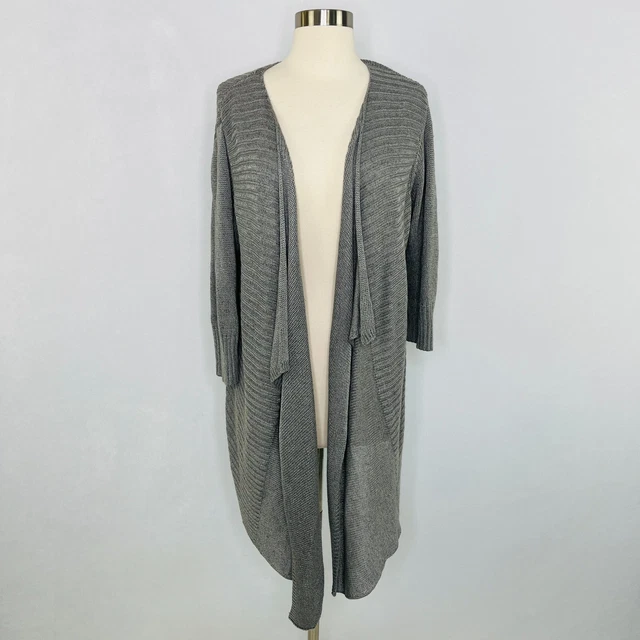 EILEEN FISHER Womens M Open Front Cardigan Gray Linen Silk Ribbed Half Sleeve