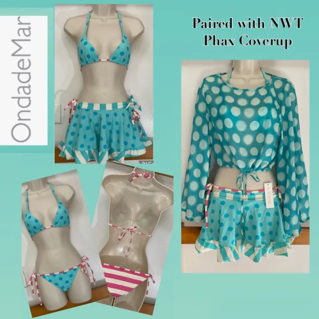 OndadeMar Sz 6 Pink and Turquoise Bikini + Skirt (NWOT) + NWT Phax Coverup Top S