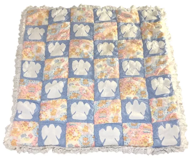 Vtg Handmade Folk Primitive Angels & Pastel Animals Baby Quilt Crib Lap Blanket