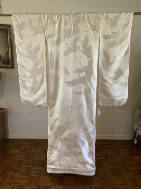 White Brocade Uchikake Japanese Wedding Kimono w/ OBI & TAGS Crane Robe VTG