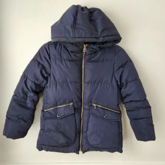 Zara Outerwear Down Hooded Puffer Winter Jacket Coat Faux Fur Navy Girls 9