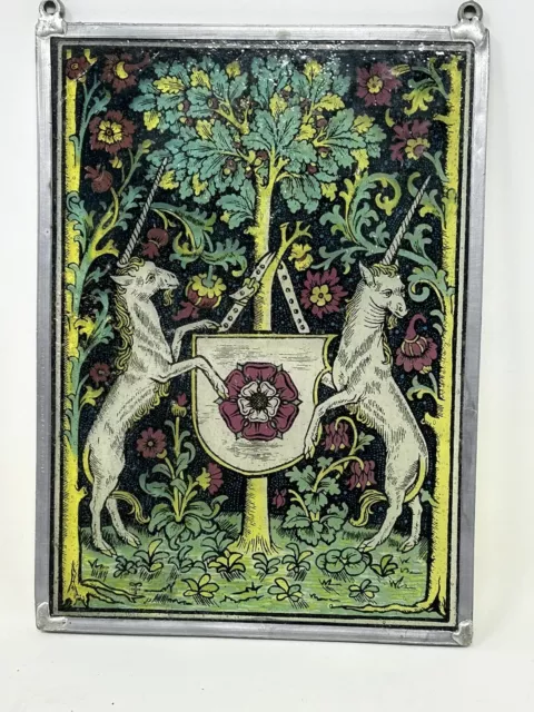 VTG Hand Painted Stained Glass Unicorns with Rose Shield in Garden 8.5" x 6" Sun
