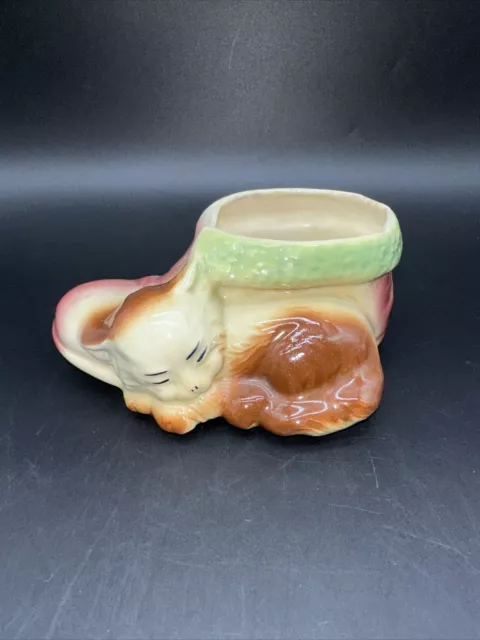 Vintage Shawnee Pottery Sleeping Kitten Cat with Boot Planter Vase 1950’s Kitsch